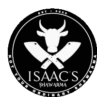 a logo for isaac 's shawarma shows a cow with horns crossed over two knives