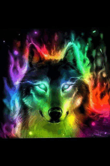 a painting of a wolf with rainbow colored flames around its head