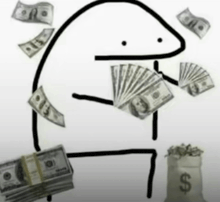 a black and white drawing of a person holding a stack of money .
