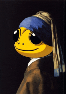 a painting of a yellow frog with a blue headband