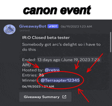 a screenshot of a giveaway bot that is titled canon event