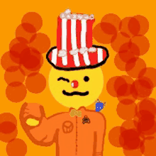 a cartoon drawing of a clown wearing a red and white striped hat