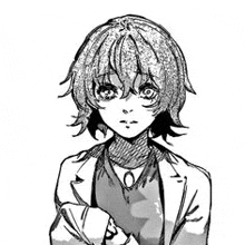 a black and white drawing of a girl with short hair wearing a lab coat and scarf .