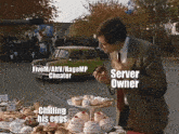 a man in a suit and tie is standing in front of a table full of cupcakes and a green car