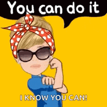 a woman wearing sunglasses and a red headband is flexing her muscles and says `` you can do it '' .