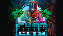 a logo for chad city shows a man with a gun