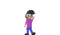 a cartoon character wearing glasses and a purple shirt is walking and waving his hand .