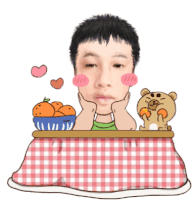 a cartoon drawing of a man sitting at a table with a bowl of oranges and a hamster