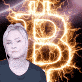 a woman is standing in front of a lightning bolt shaped like the letter b