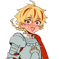 a drawing of a girl with yellow hair and red stripes is wearing armor