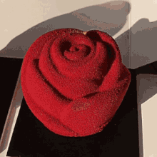 a red rose shaped object is sitting on a black and white table