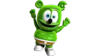 a green gummy bear with blue eyes and white shorts