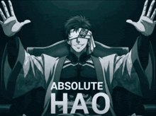 a black and white drawing of a man with his eyes blindfolded and the words absolute hao