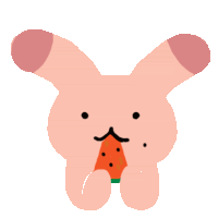 a pink rabbit with black spots on its face is eating a slice of watermelon