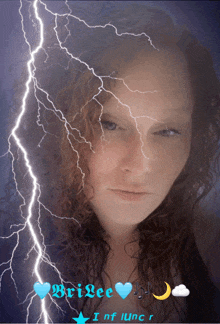 a picture of a woman with lightning and the name bridgee in the corner