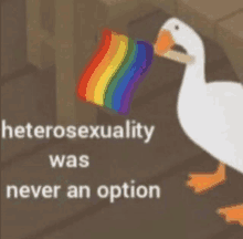 a cartoon duck is holding a rainbow flag in its beak .