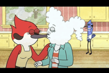 a cartoon shows a woman with a white head and a red bird