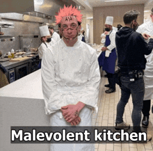 a man in a chef 's uniform is standing in a kitchen with the words malevolent kitchen below him