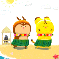 a cartoon drawing of two animals wearing hula skirts on a beach