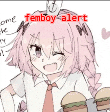 a drawing of a girl holding a tray of hamburgers with the caption femboy alert