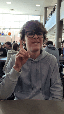 a boy wearing glasses and a light blue sweatshirt with the letter th on it