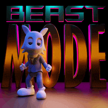 a cartoon character is standing in front of a large beast mode sign