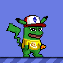 a pixel art of a green monster wearing a hat and holding a slice of pizza