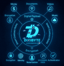 a blue circle with the word digibyte at the center