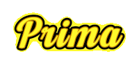 the word prima is written in yellow and black on a white background