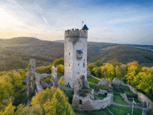 an aerial view of a castle with trees in the background