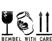 a black and white drawing of a hand holding a pitcher with the words " bebel with care " below it