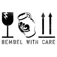 a black and white drawing of a hand holding a pitcher with the words " bebel with care " below it