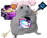 a hamster is wearing a pink hat and holding a purple object in its chest .