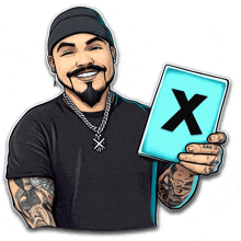 a cartoon of a man holding a blue x