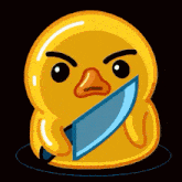 a yellow rubber duck holding a knife in its mouth