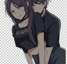 a boy and a girl are hugging and the girl is wearing a t-shirt that says ' 人形 劇場 '