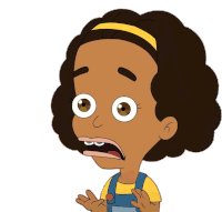 a cartoon of a girl with a yellow headband and overalls