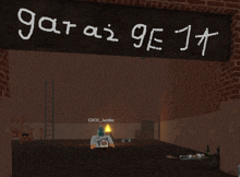 a person in a video game is standing under a sign that says garage 9e 11t