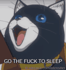 a black and white cat with blue eyes and the words go the fuck to sleep below it