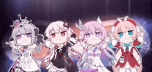 four anime girls are standing next to each other in front of a purple background