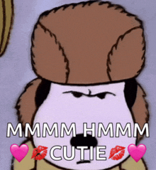 a cartoon dog wearing a furry hat with the words " mmmm hmmm cutie "