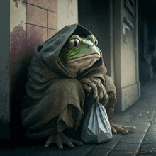 a frog wearing a hooded robe sits on the sidewalk holding a bag