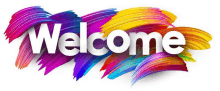 the word welcome is written in white letters on a colorful background with brush strokes .