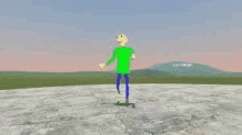 a cartoon character is standing on a skateboard on a concrete surface .