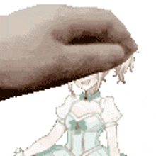 a pixel art of a girl in a blue dress with a bow on her dress