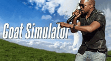 a man is singing into a microphone in a field with the words `` goat simulator '' above him .
