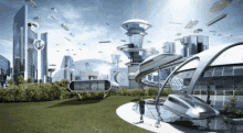 an artist 's impression of a futuristic city with a man walking in the foreground