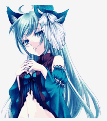 a girl with long green hair and cat ears is wearing a blue top