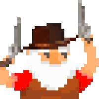 a pixel art drawing of a man with a beard holding two guns