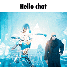 a man in sunglasses stands in front of a robot that says hello chat on the top
